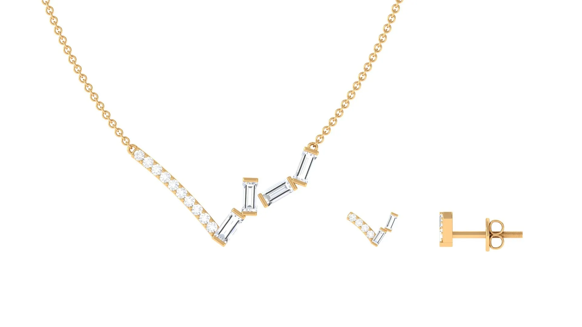 1 CT Certified Baguette and Round Zircon Minimal Chevron Necklace