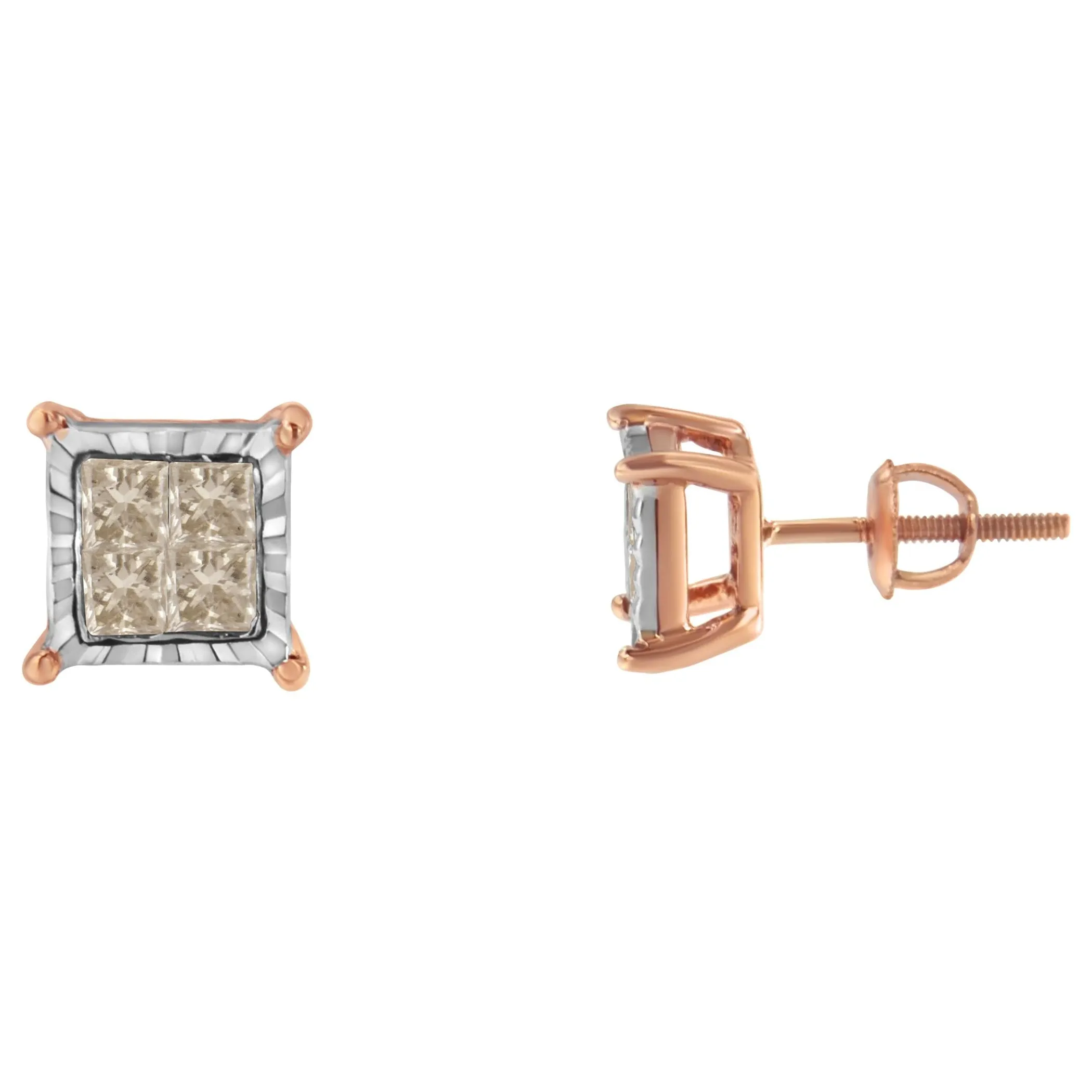 10K Two-Toned Princess-Cut Composite Diamond Stud Earrings (1/2 cttw, J-K Color, I1-I2 Clarity)