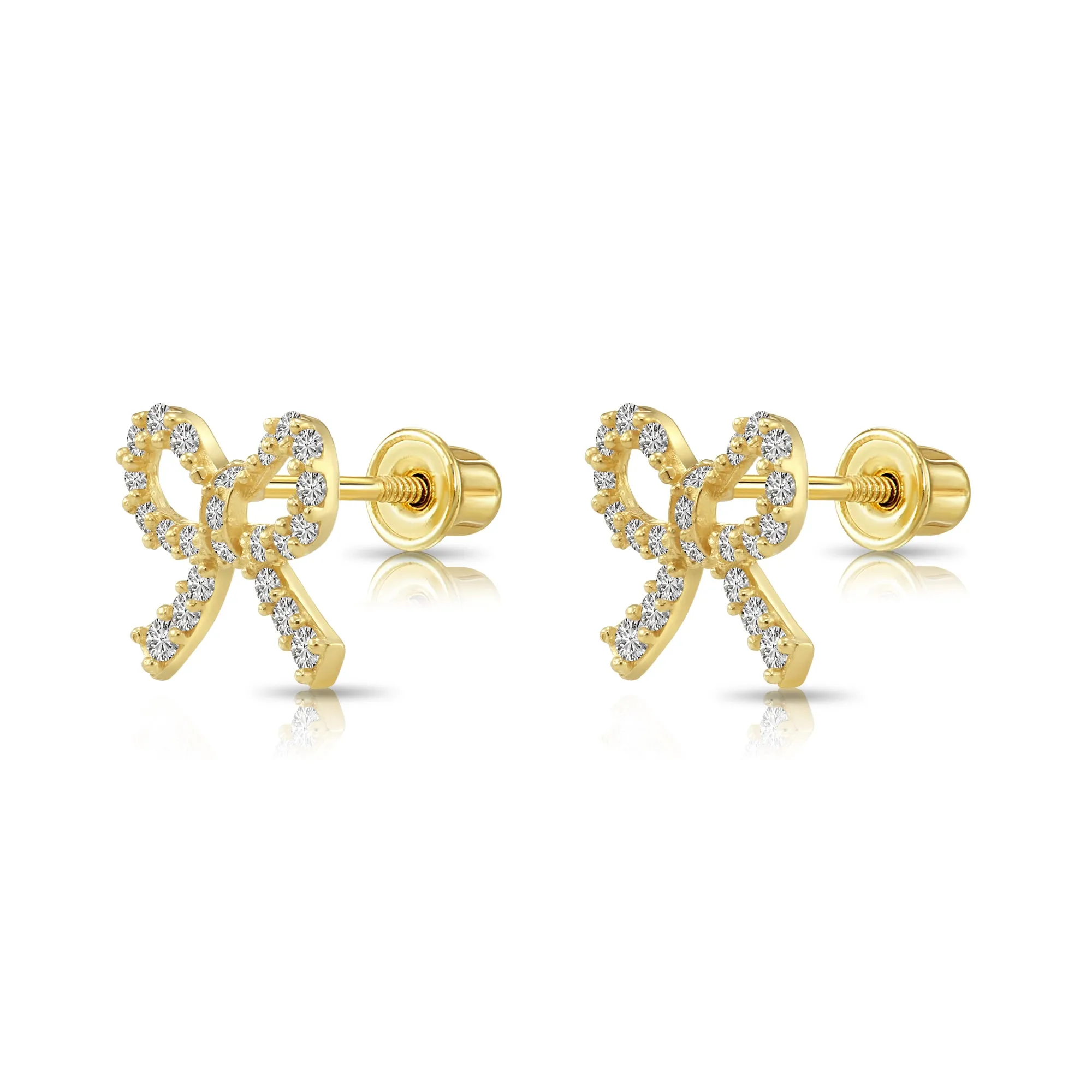 14k Solid Yellow Gold CZ Ribbon Bow Studs, With Screw on Screwbacks