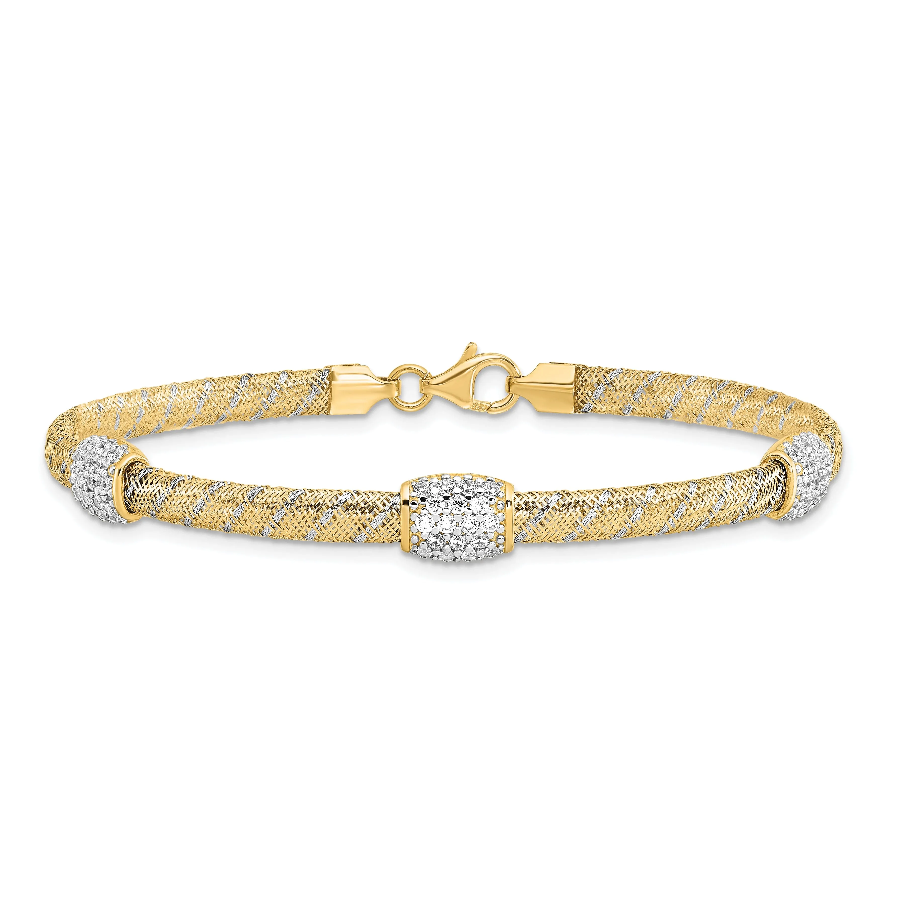 14k Two Tone Gold Mesh  C.Z Bracelet