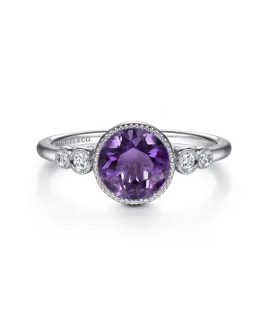 14K White Gold Round Bezel Set Amethyst and Diamond Ring