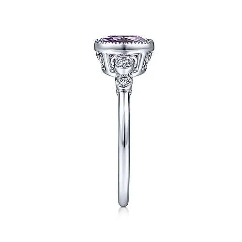 14K White Gold Round Bezel Set Amethyst and Diamond Ring