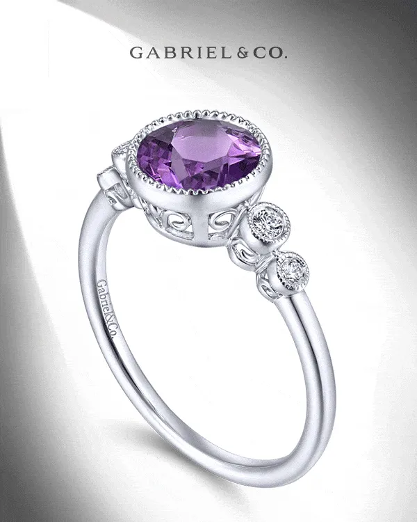 14K White Gold Round Bezel Set Amethyst and Diamond Ring