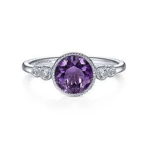 14K White Gold Round Bezel Set Amethyst and Diamond Ring