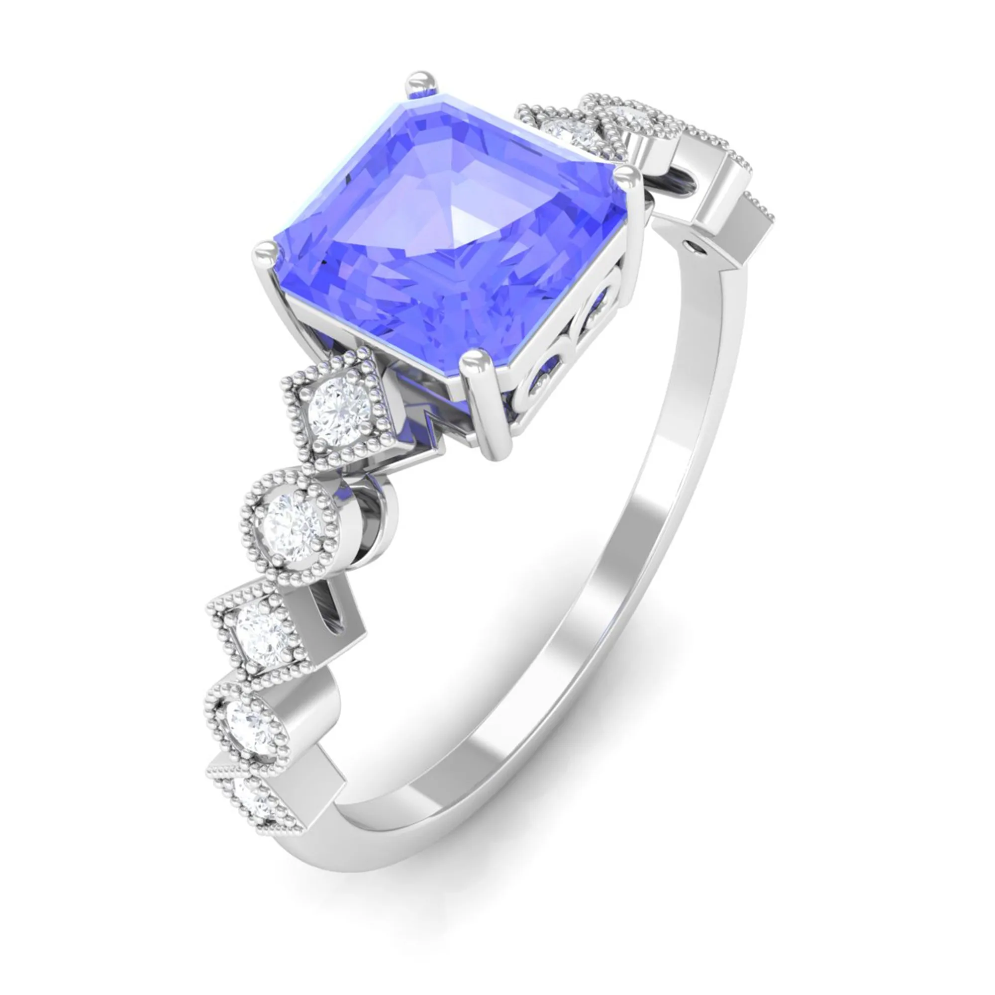 1.5 CT Asscher Cut Tanzanite Solitaire Engagement Ring with Diamond