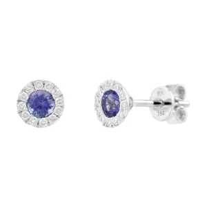 18ct White Gold 0.39ct Tanzanite and 0.17ct Diamond Halo Stud Earrings