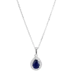 18ct White Gold 0.86ct Pear Cut Sapphire And 0.17ct Diamond Halo Necklace