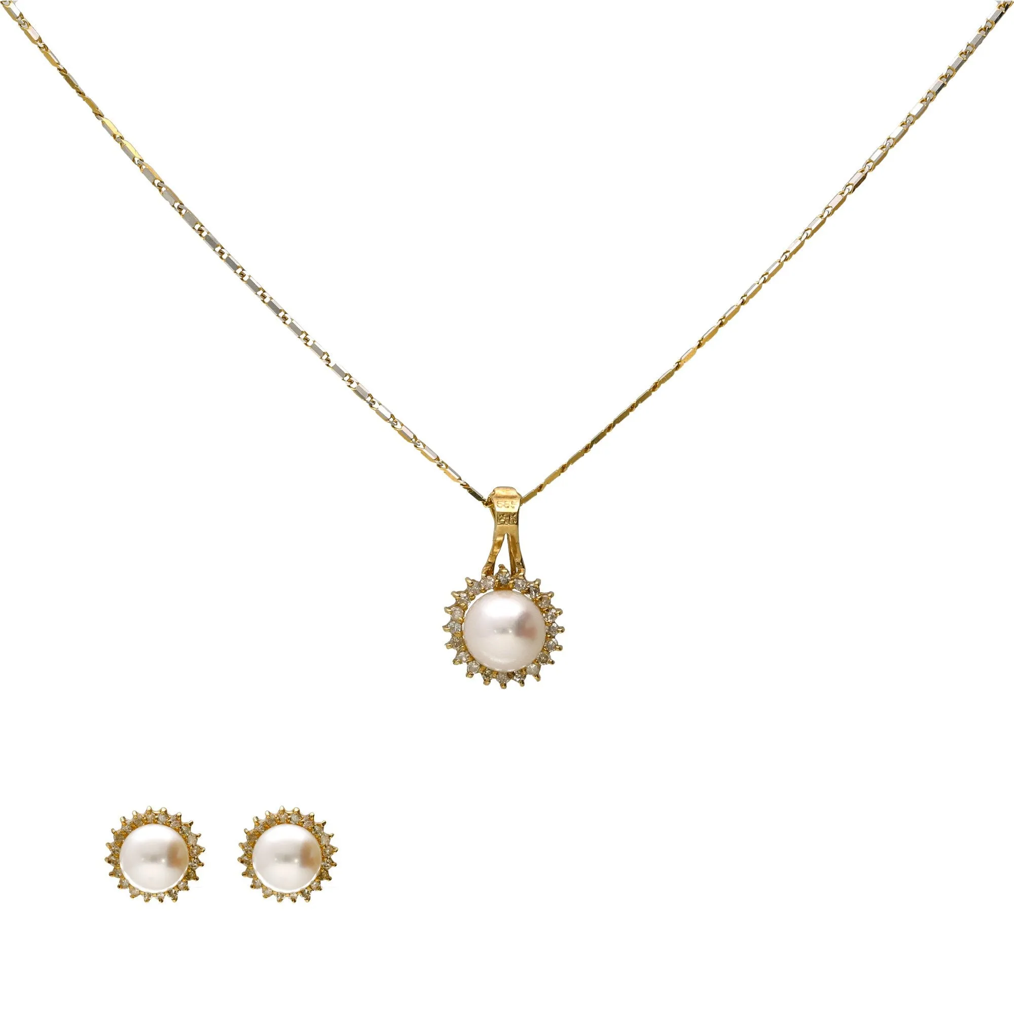 18K Gold, Diamond, & Pearl Pendant Set