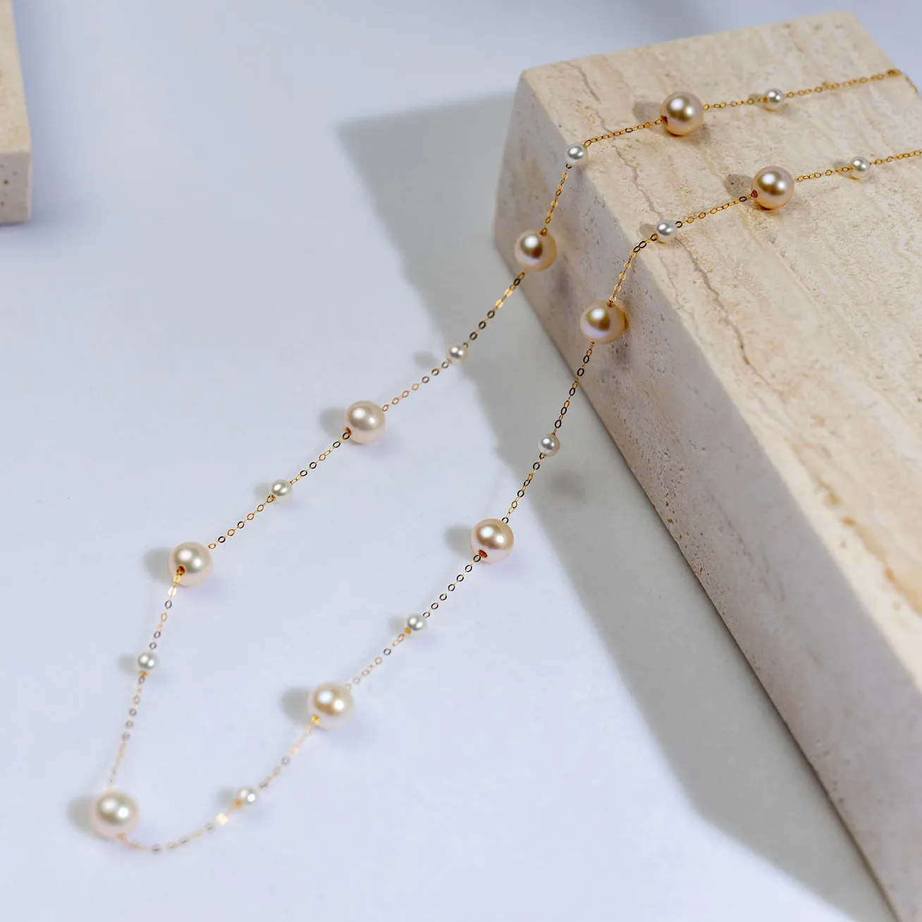 18K Solid Gold Freshwater Pearl Necklace & Earrings Set KS00017