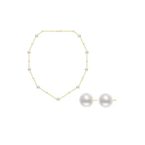 18K Solid Gold Freshwater Pearl Necklace & Earrings Set KS00017