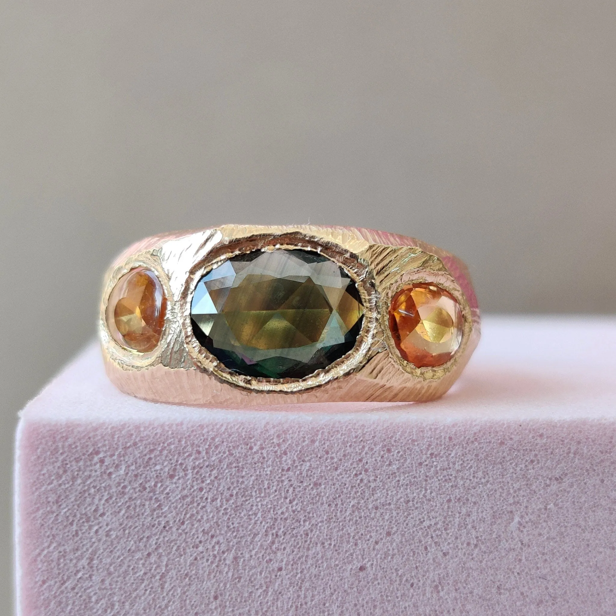 18K Three Stone Ring in Dark Green and Yellow Sapphire