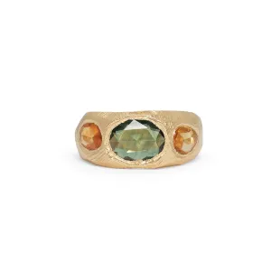 18K Three Stone Ring in Dark Green and Yellow Sapphire