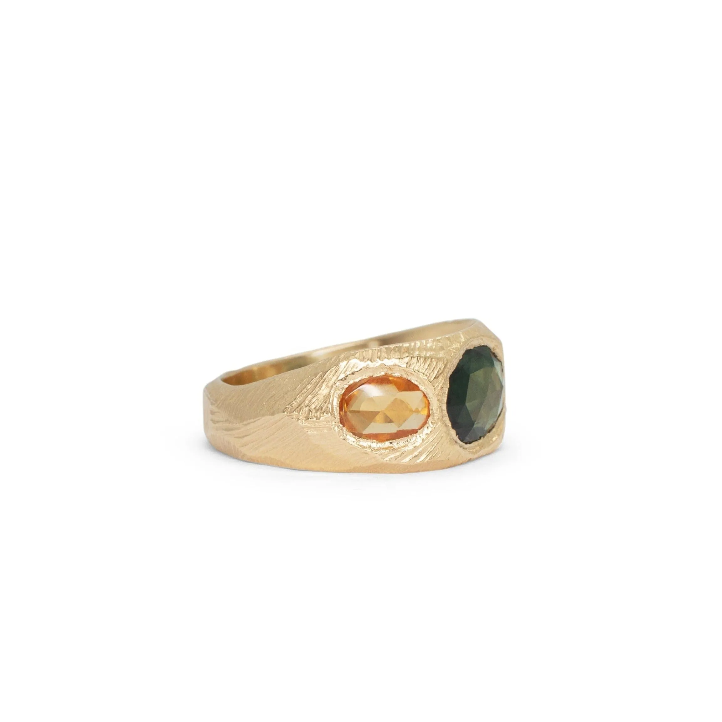 18K Three Stone Ring in Dark Green and Yellow Sapphire