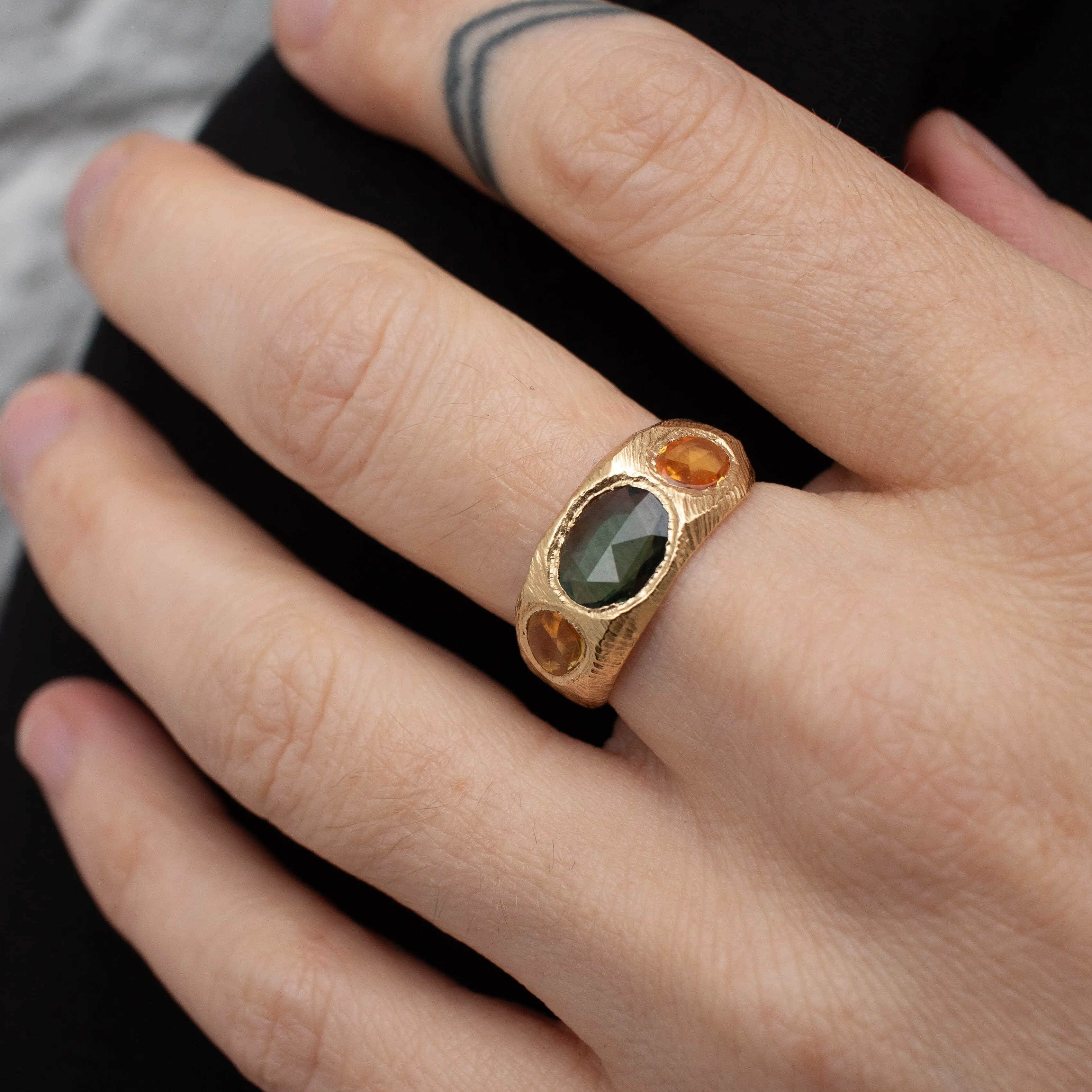 18K Three Stone Ring in Dark Green and Yellow Sapphire