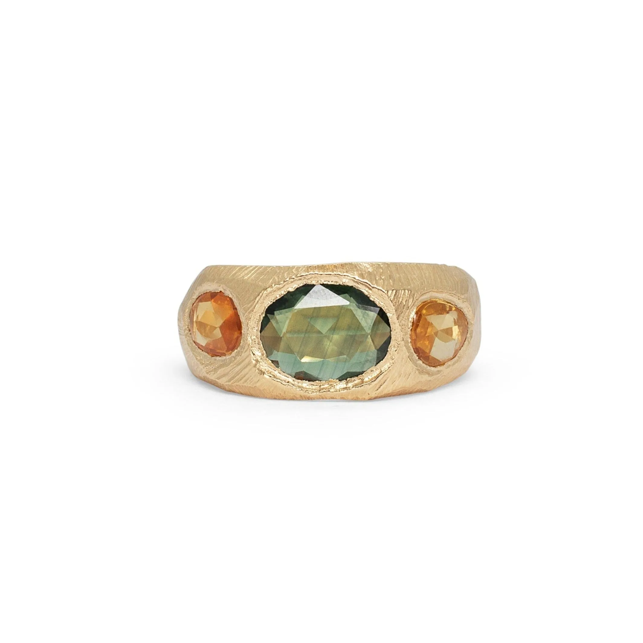 18K Three Stone Ring in Dark Green and Yellow Sapphire