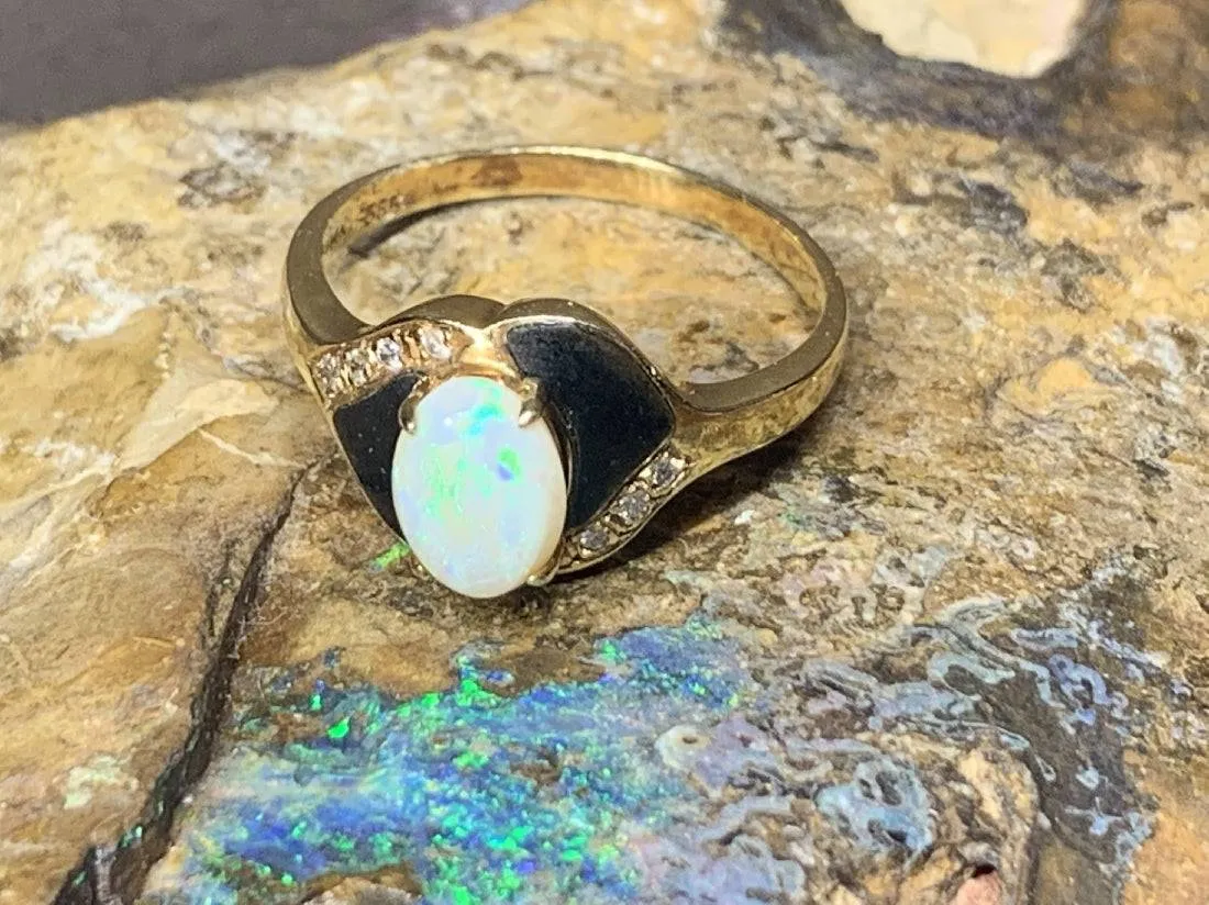 18kt Yellow Gold Opal , Onyx and Diamond ring