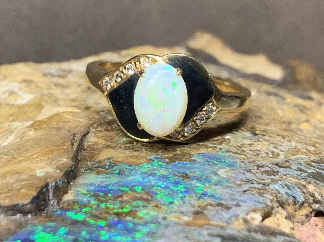 18kt Yellow Gold Opal , Onyx and Diamond ring