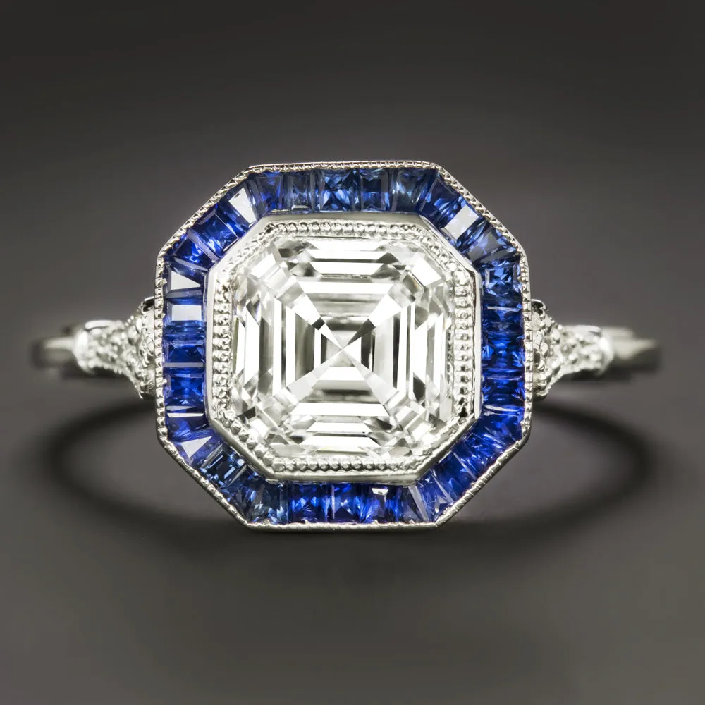 2ct LAB CREATED DIAMOND SAPPHIRE RING ASSCHER CUT VINTAGE STYLE 14k WHITE GOLD