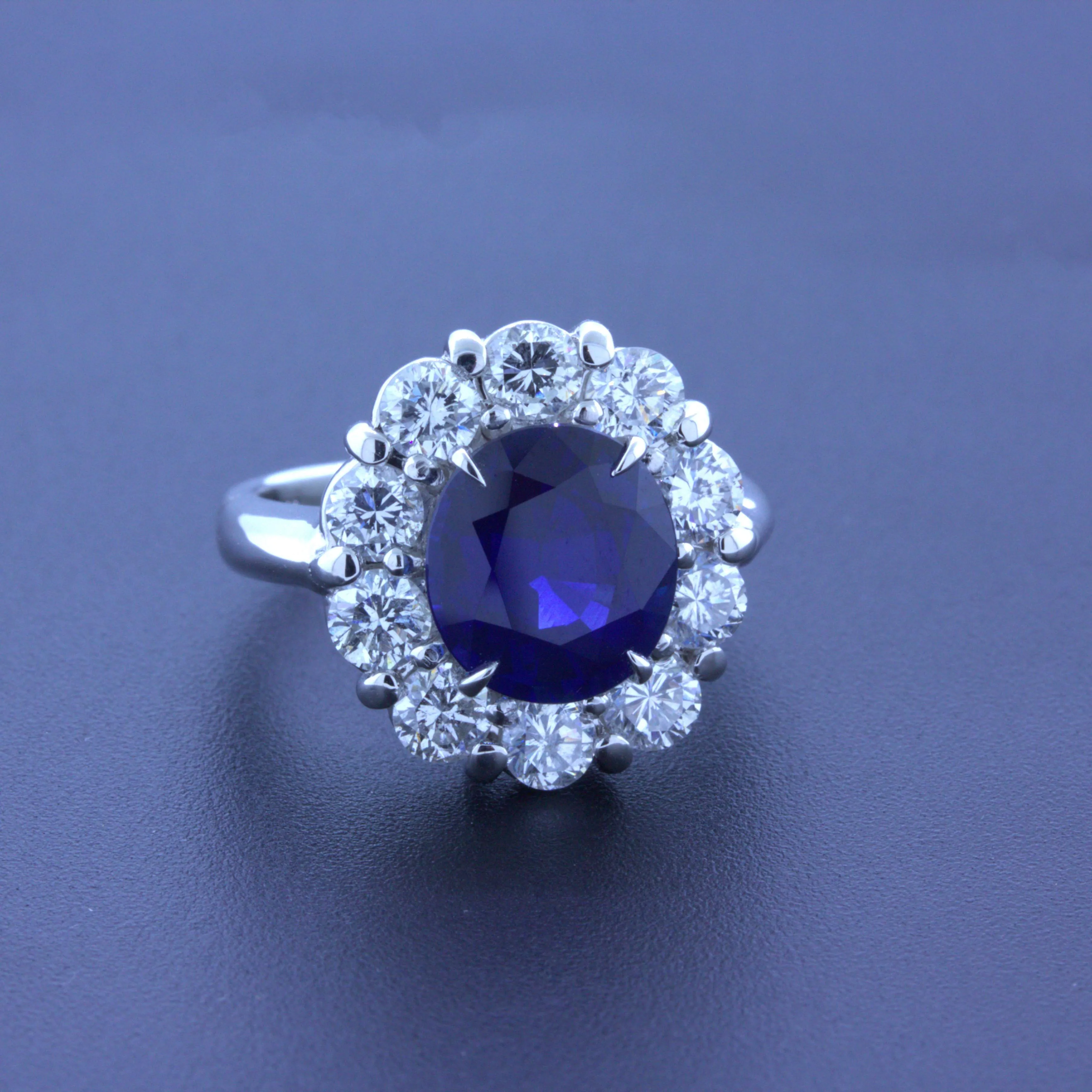 3.90 Carat Blue Sapphire Diamond Halo Platinum Ring, GIA Certified