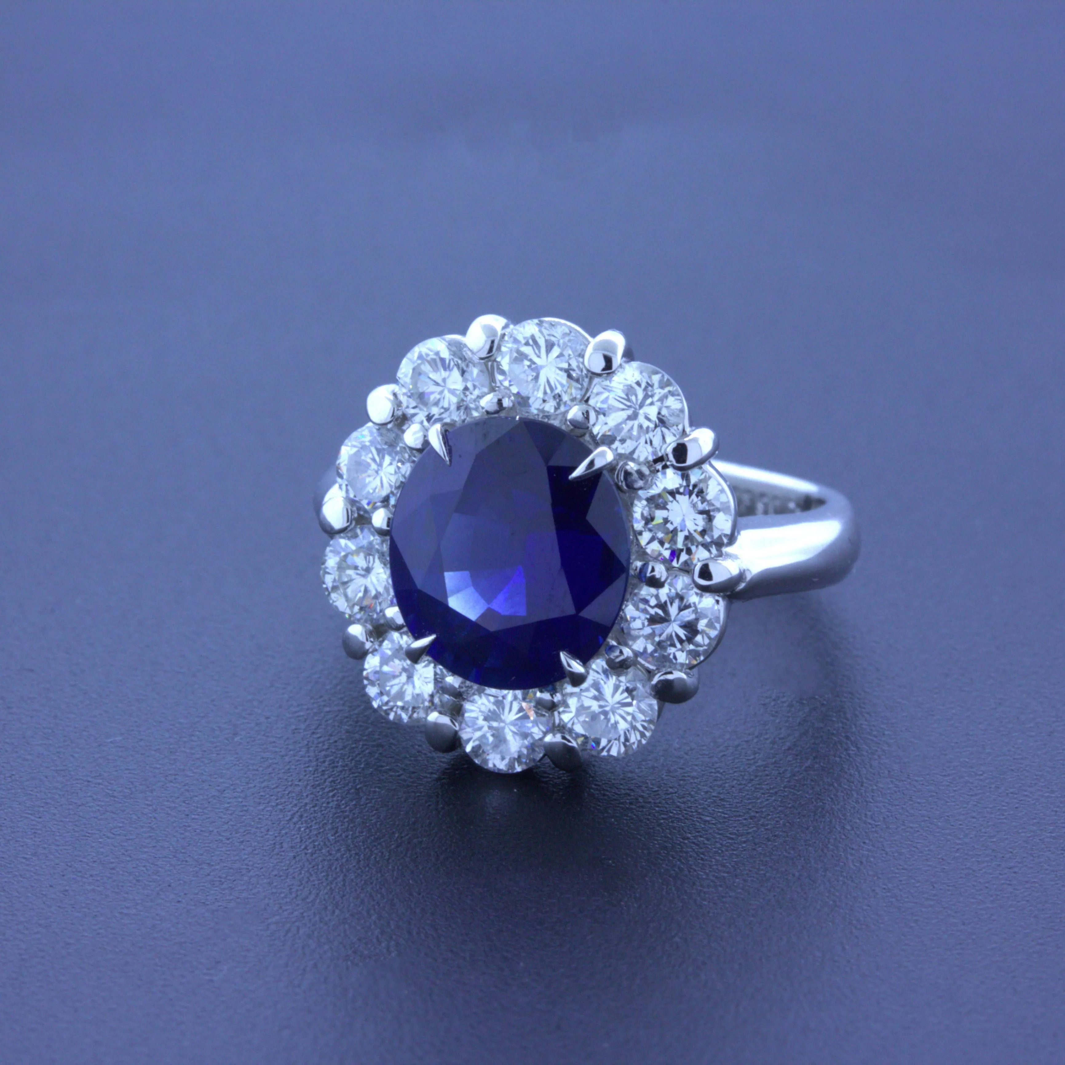 3.90 Carat Blue Sapphire Diamond Halo Platinum Ring, GIA Certified