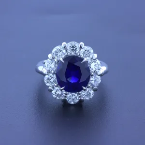 3.90 Carat Blue Sapphire Diamond Halo Platinum Ring, GIA Certified