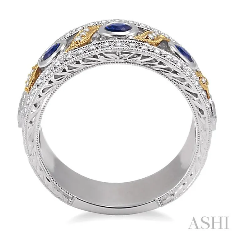 3x3MM Round Cut Sapphire and 1/6 Ctw Round Cut Diamond Fashion Ring in 14K White and Yellow Gold