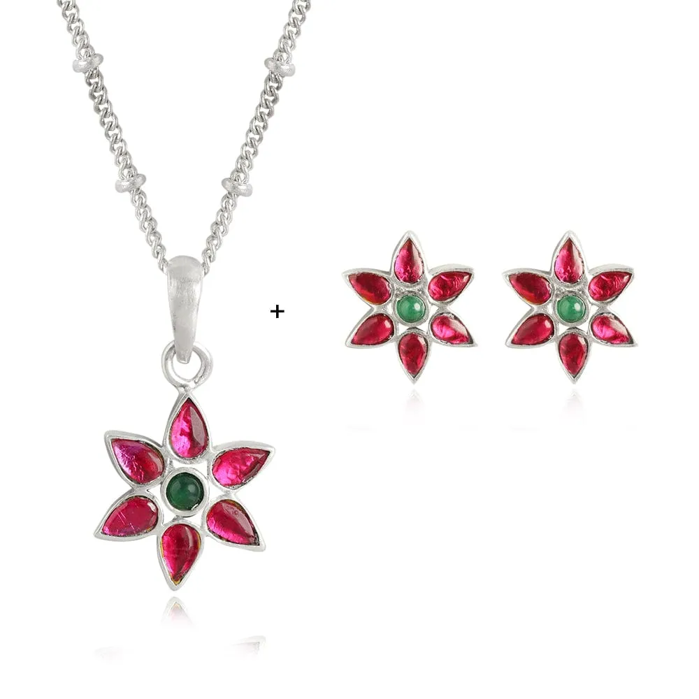 92.5 Silver Red Kundan Flower Necklace