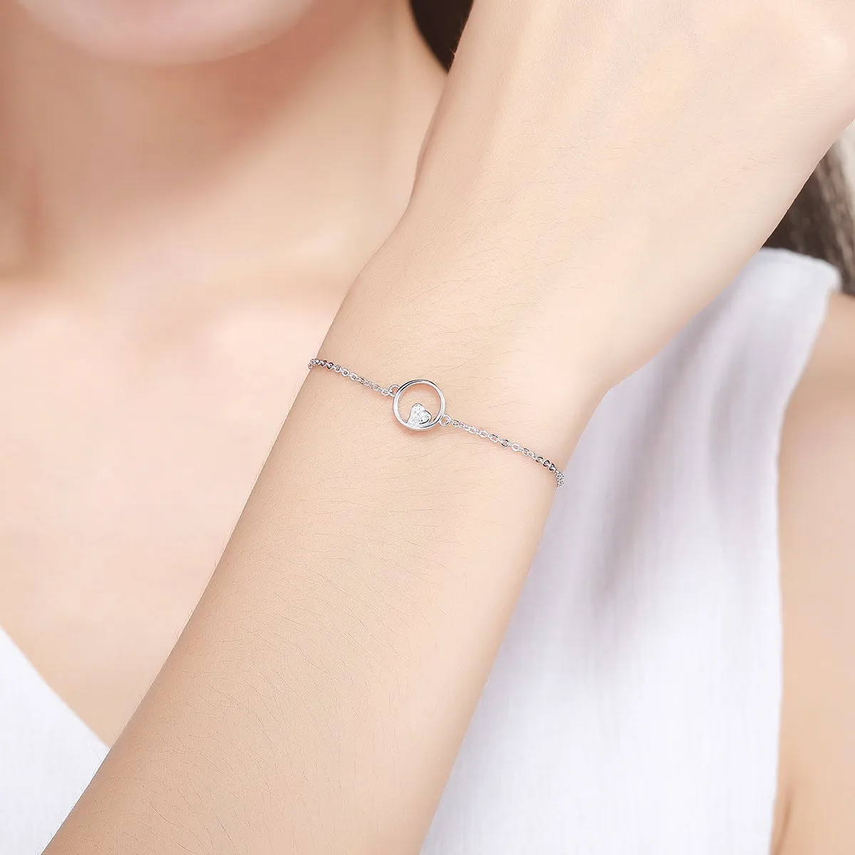 925 Sterling Silver Hollow Heart Infinity Circle Chain Bracelet