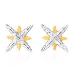 9ct Yellow Gold Diamond Starburst Stud Earrings with 2 Brilliant Diamonds