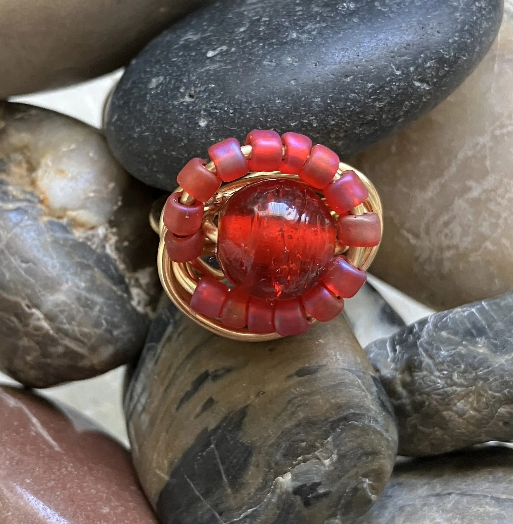 All Red Beaded Ring