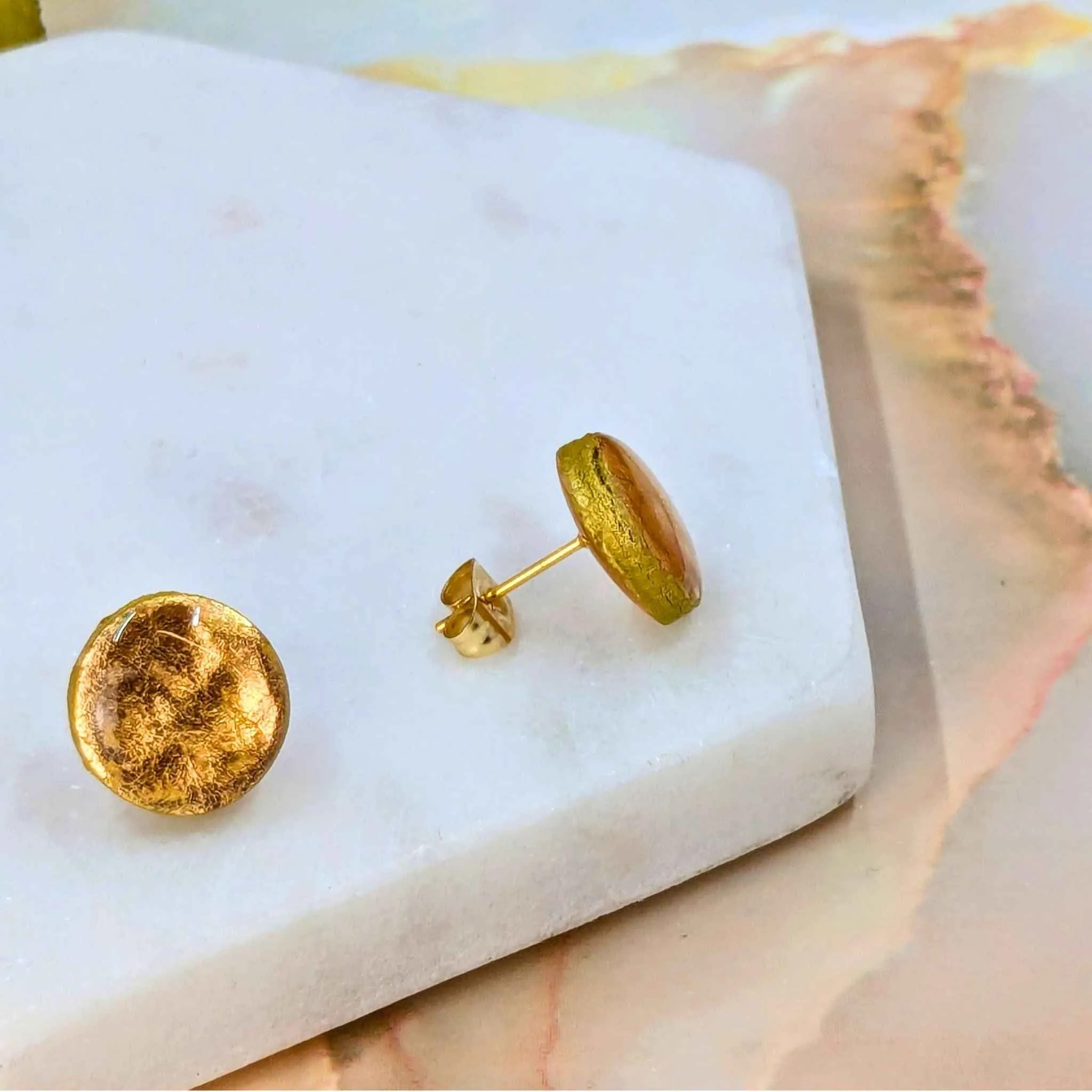 Annalise Gold Faux Hammered Polymer Clay Stud Earrings | Handmade Minimalist Glam Jewellery