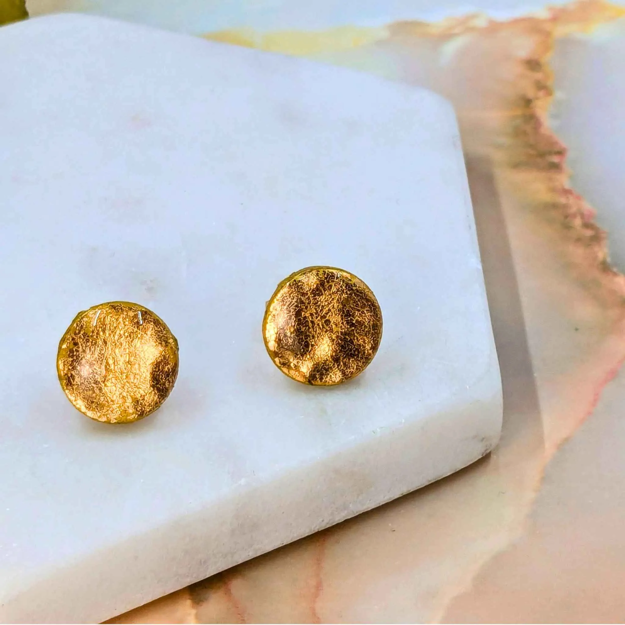 Annalise Gold Faux Hammered Polymer Clay Stud Earrings | Handmade Minimalist Glam Jewellery