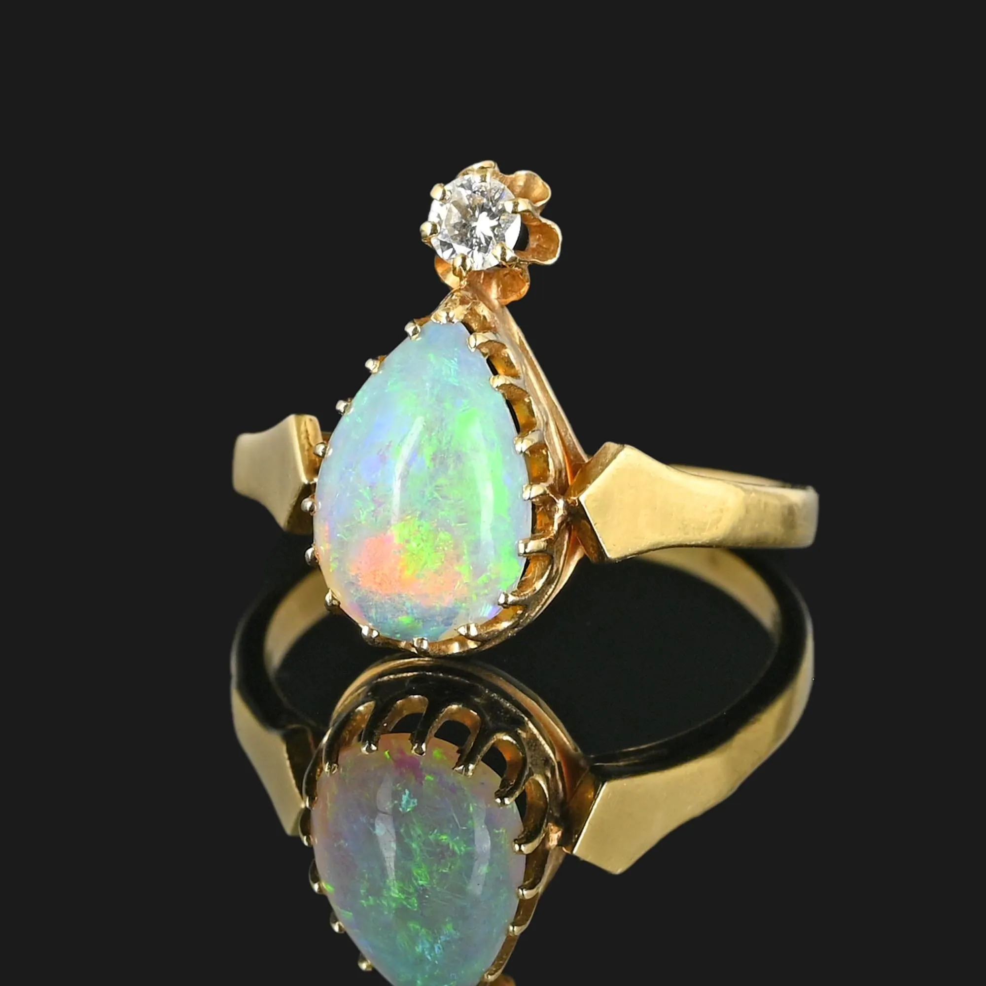 Antique Diamond Pear Cabochon Opal Ring in 14K Gold