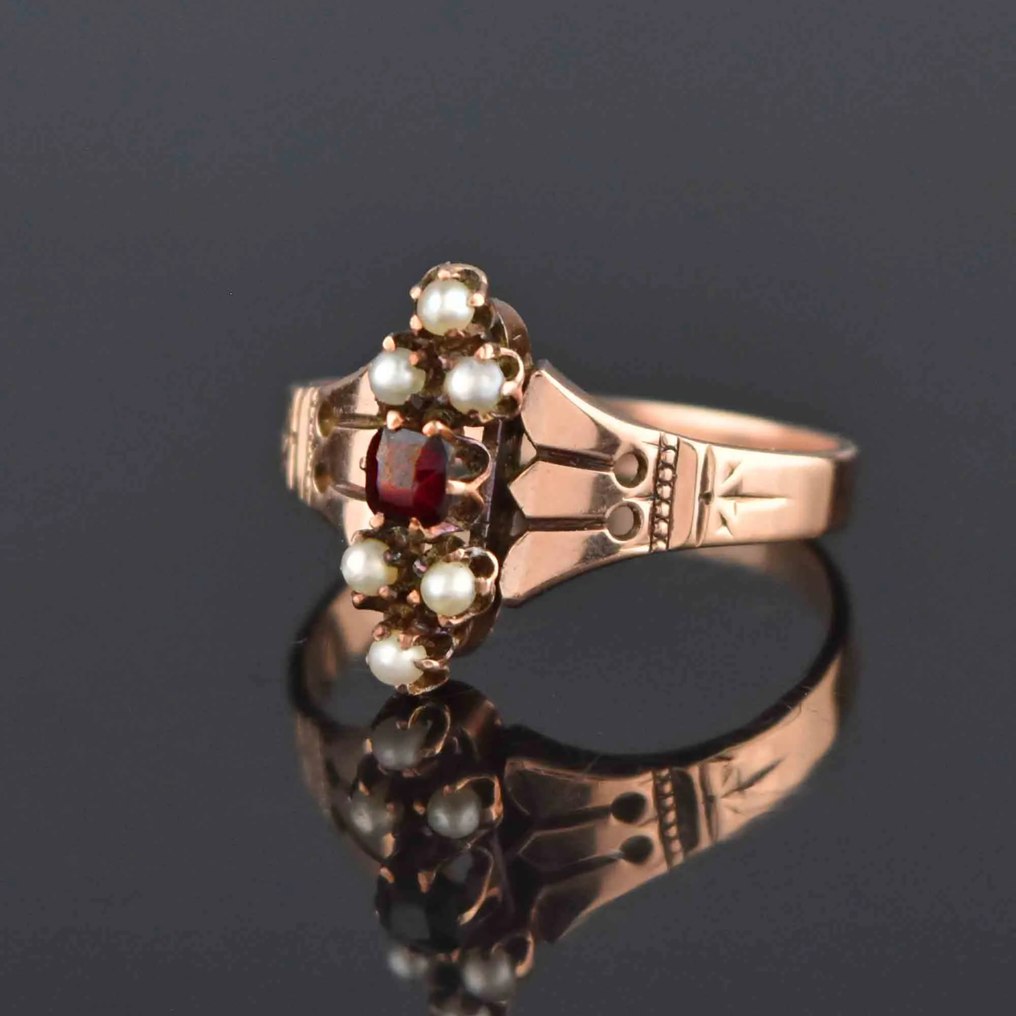 Antique Victorian Rose Gold Pearl Garnet Ring, Sz 6