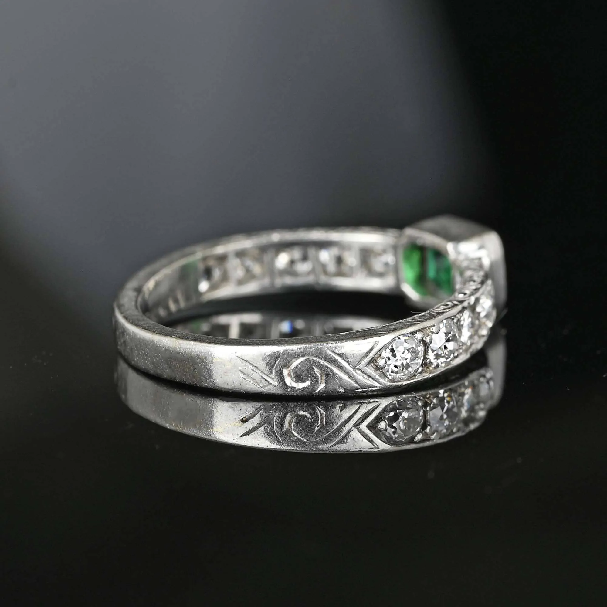 Art Deco Platinum Mine Cut Diamond Emerald Ring