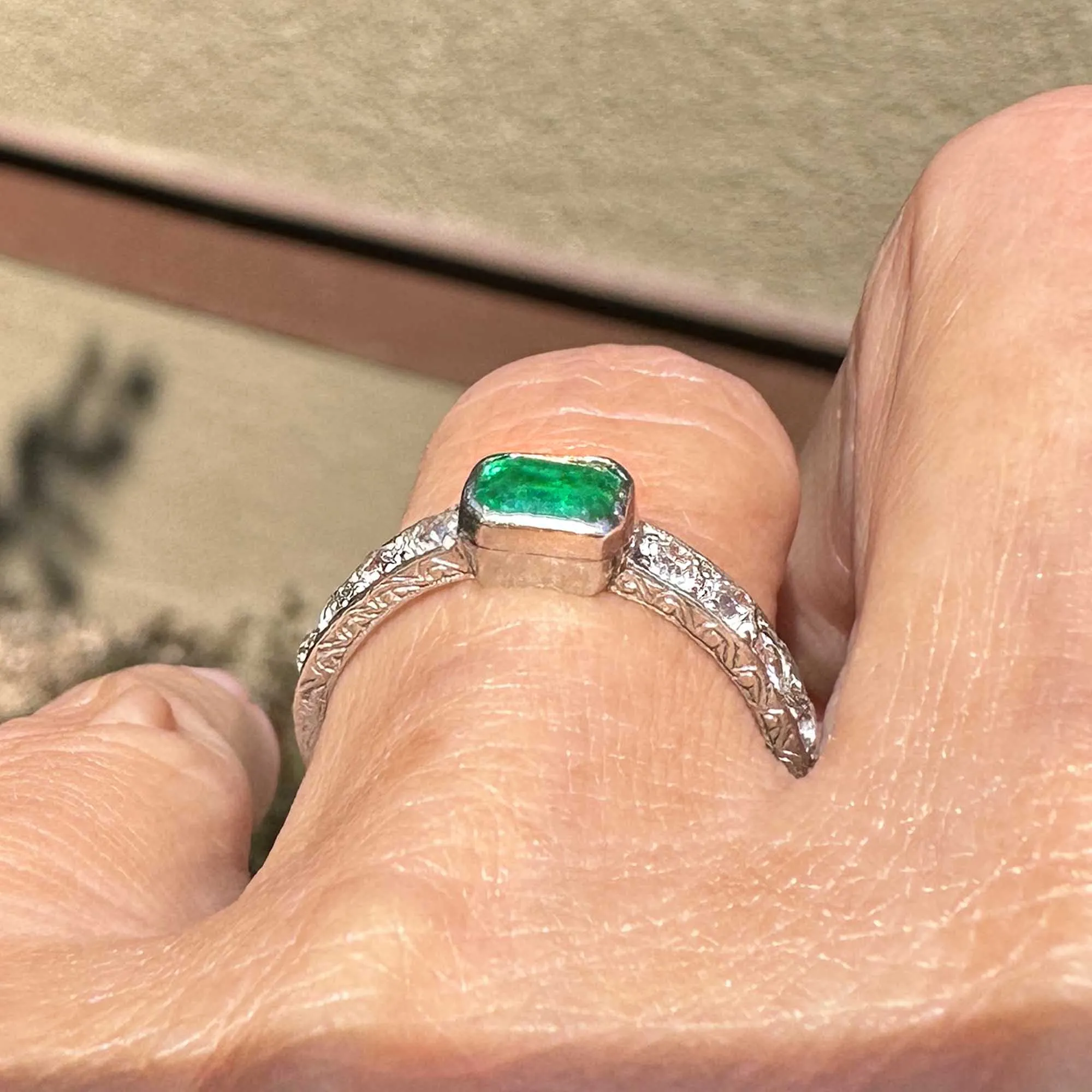 Art Deco Platinum Mine Cut Diamond Emerald Ring