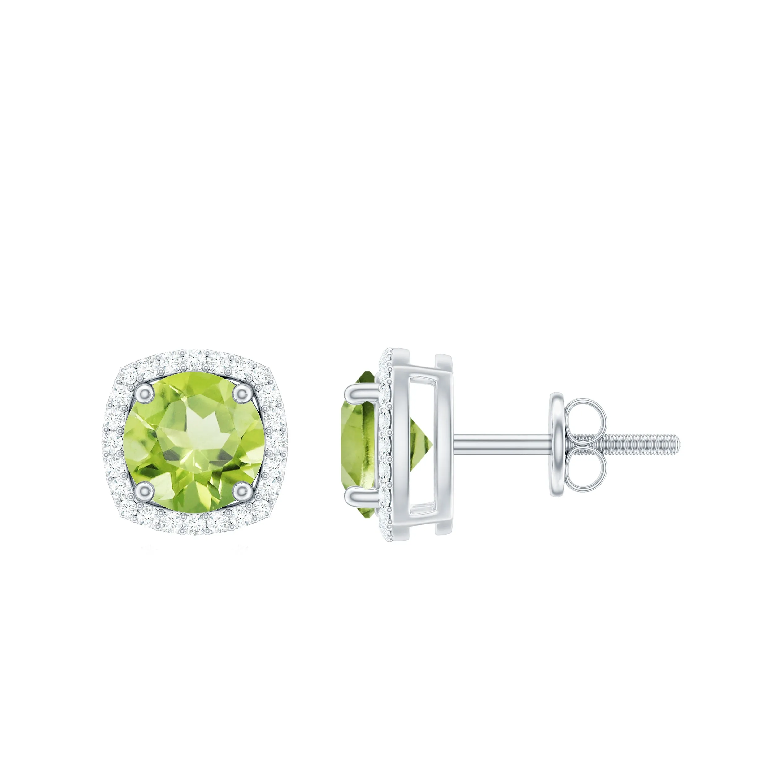 August Birthstone Elegant Round Shape Peridot Stud Earrings with Diamond Halo