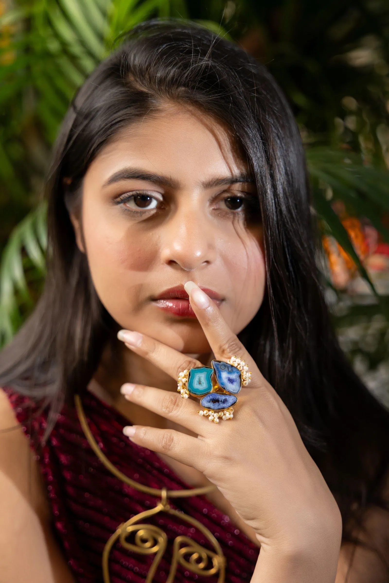 Blue Purple Geode Agate Brass Finger Ring | Unique Semi-Precious Jewelry Piece