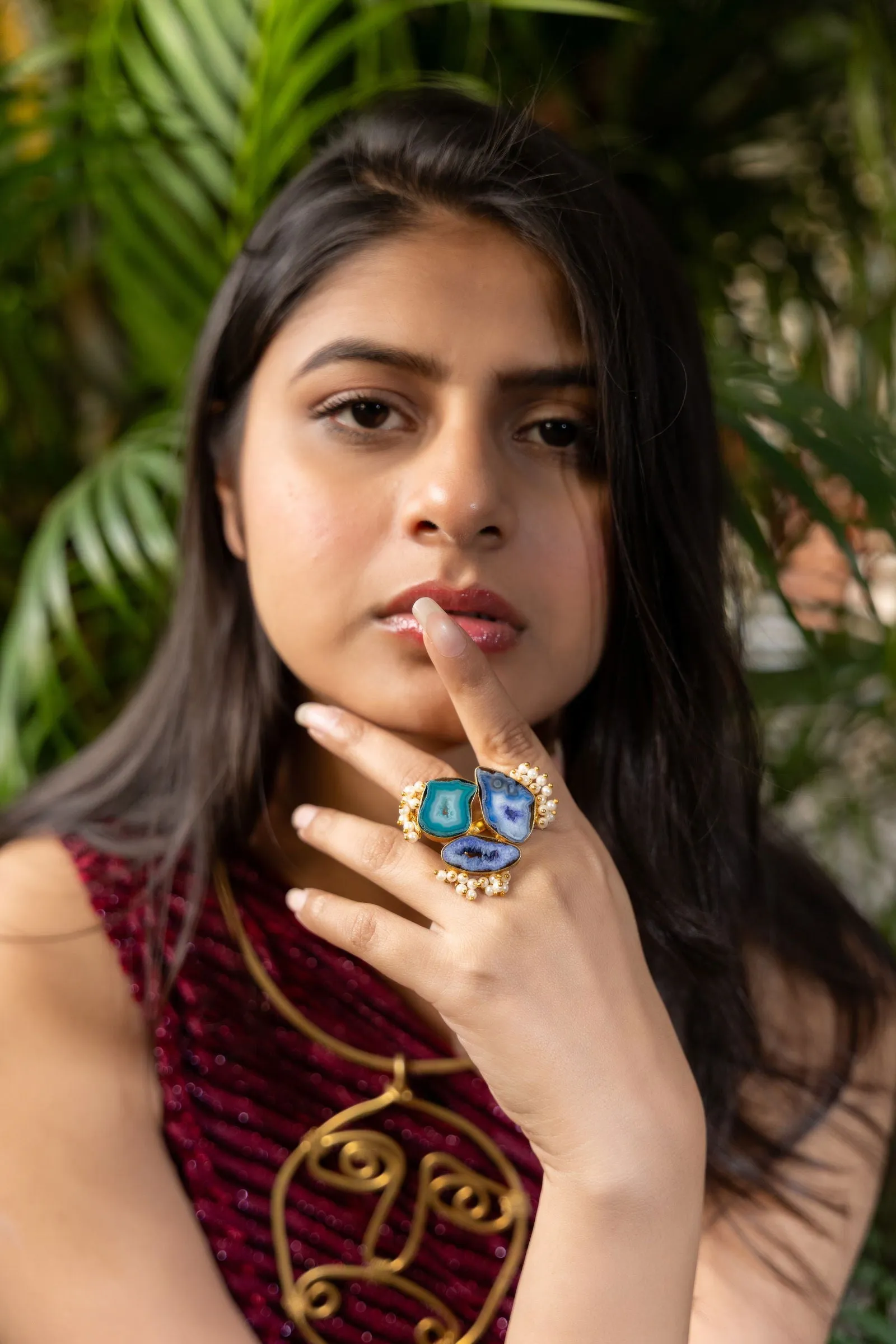 Blue Purple Geode Agate Brass Finger Ring | Unique Semi-Precious Jewelry Piece