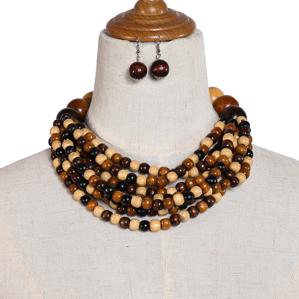 Boho Chic Wooden Beaded Necklace Set with African Flair