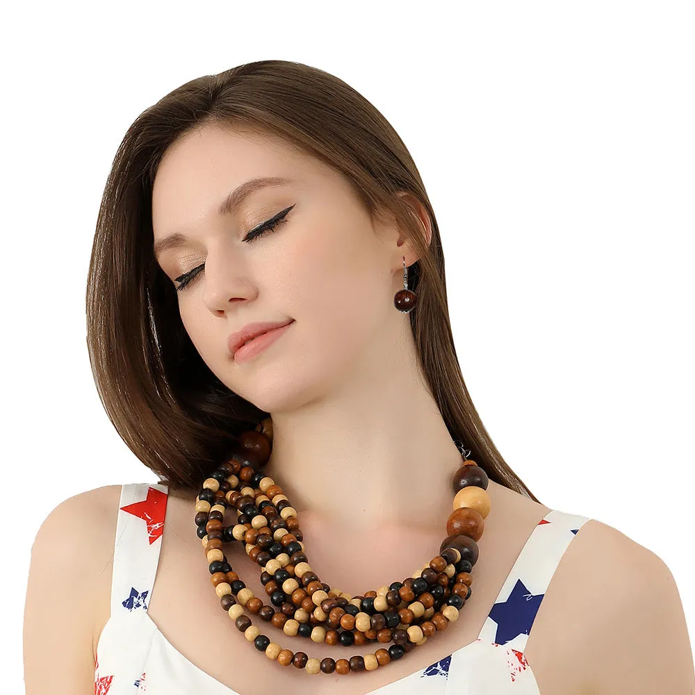 Boho Chic Wooden Beaded Necklace Set with African Flair