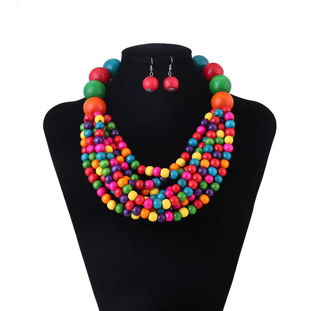 Boho Chic Wooden Beaded Necklace Set with African Flair