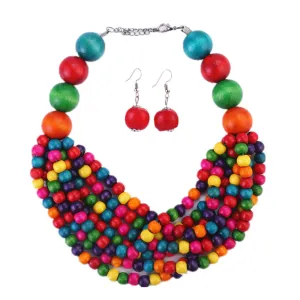 Boho Chic Wooden Beaded Necklace Set with African Flair