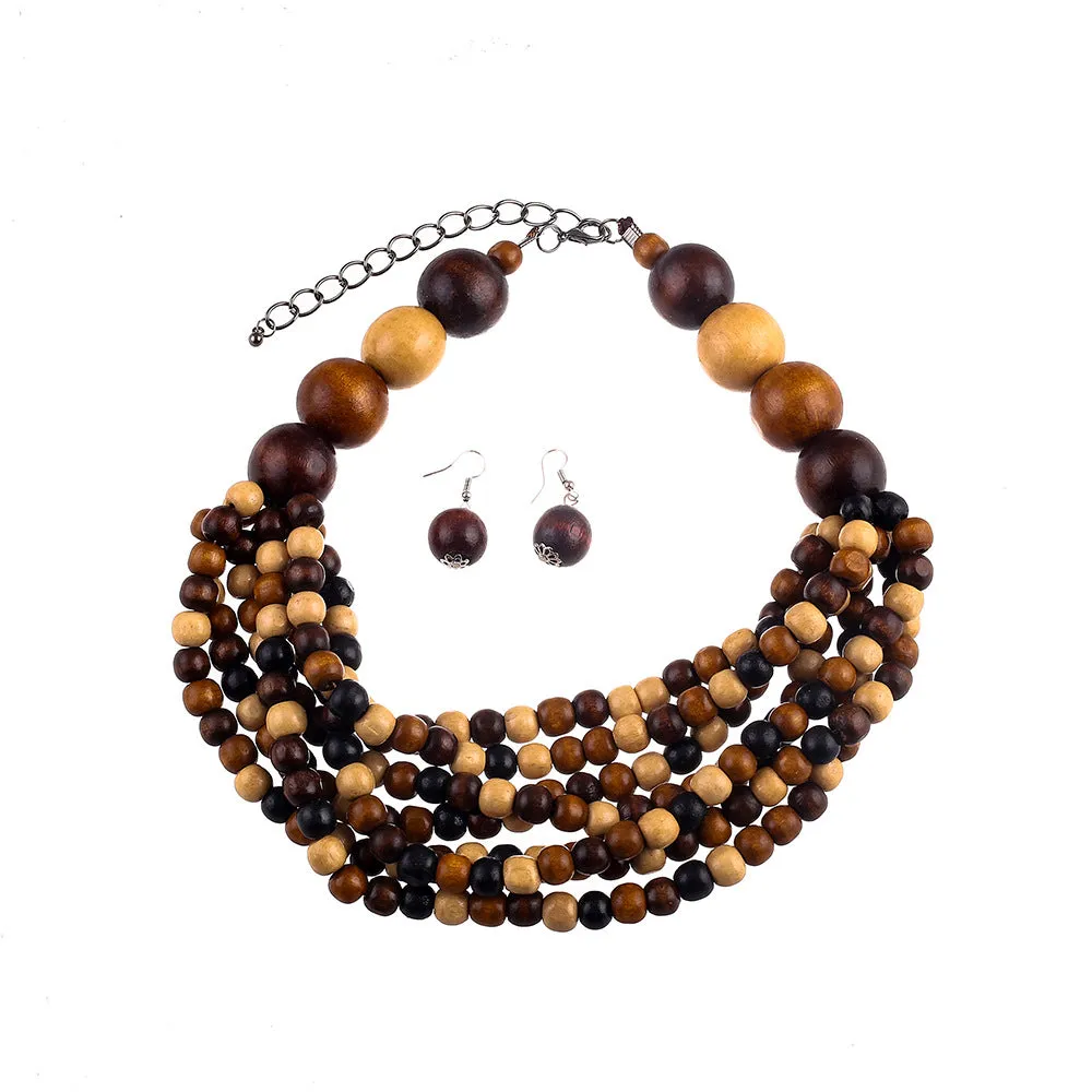 Boho Chic Wooden Beaded Necklace Set with African Flair