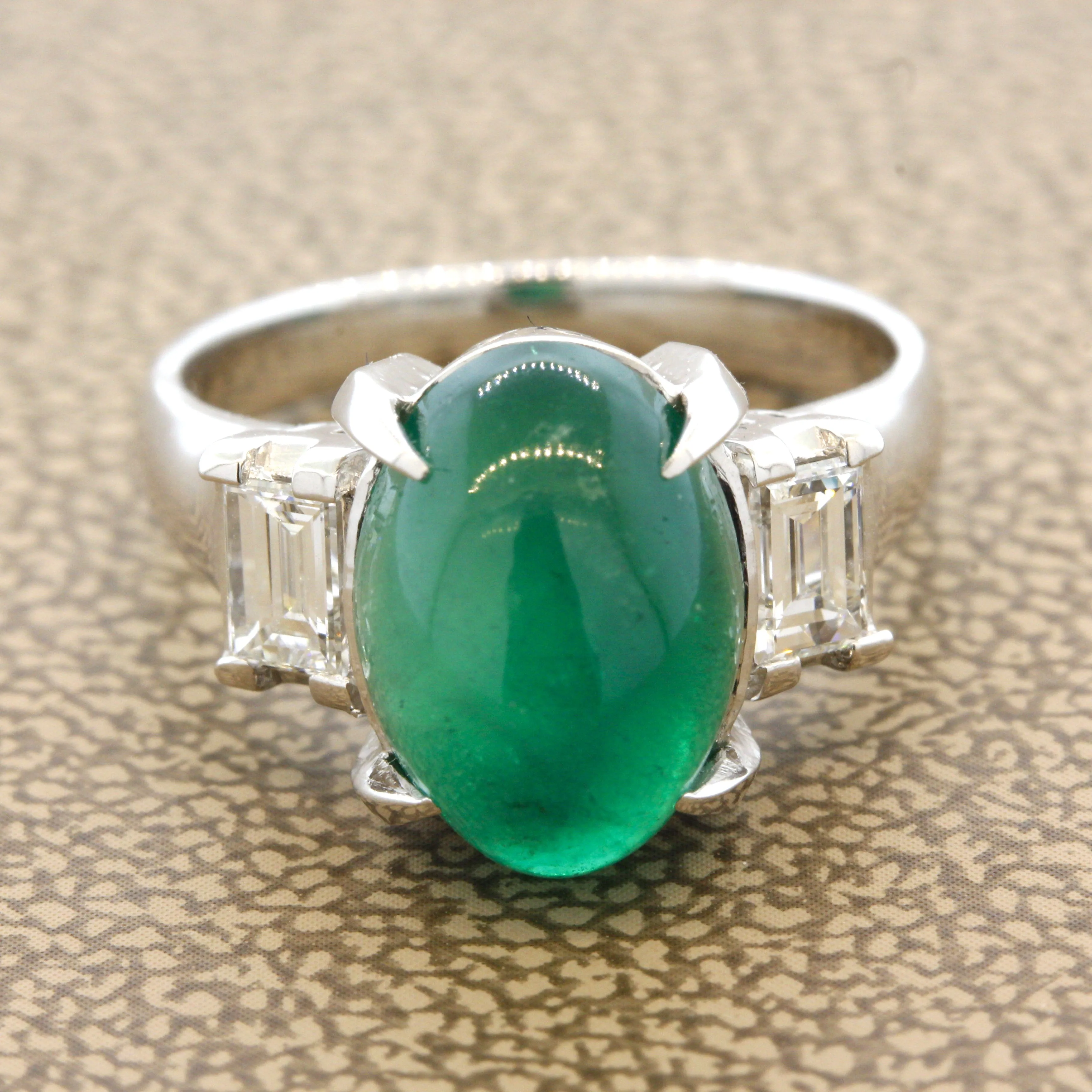 Cabochon Emerald Diamond 3-Stone Platinum Ring