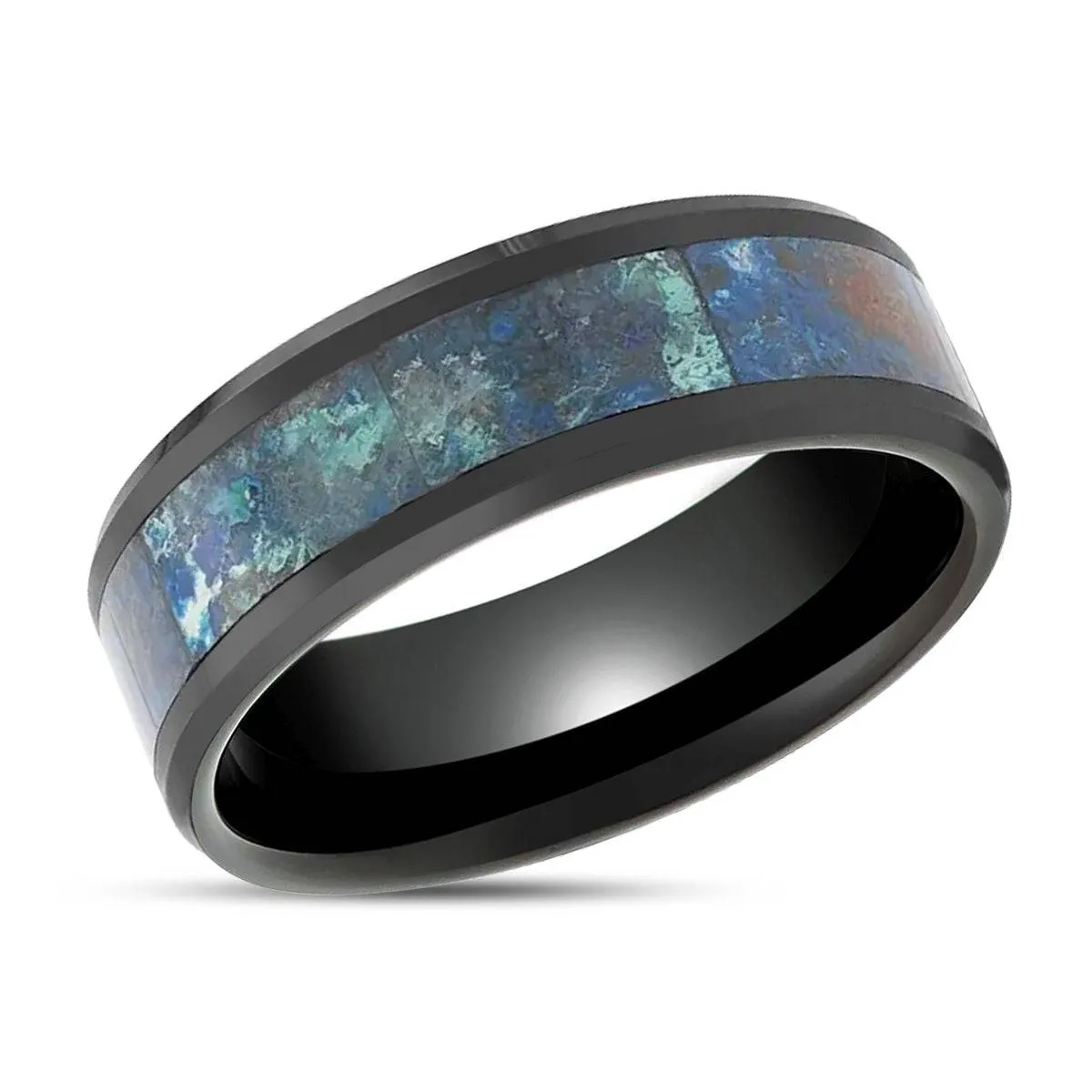 CELADON | Black Ceramic Ring, Chrysocolla Inlay, Beveled