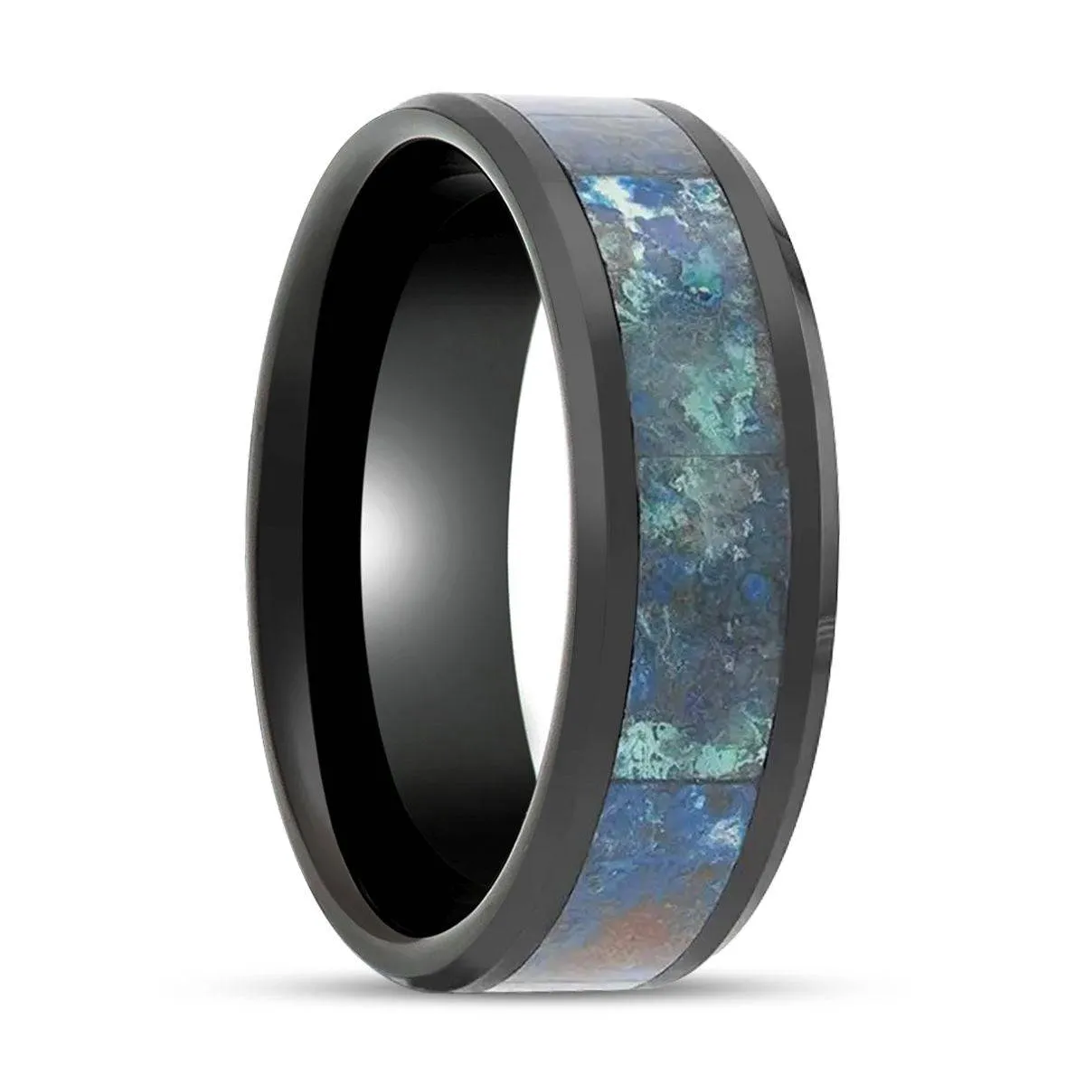 CELADON | Black Ceramic Ring, Chrysocolla Inlay, Beveled