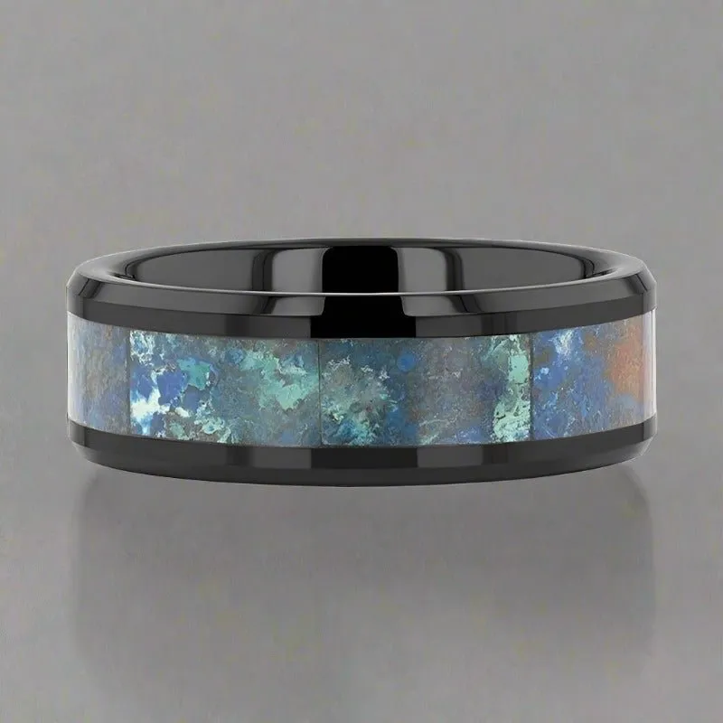 CELADON | Black Ceramic Ring, Chrysocolla Inlay, Beveled