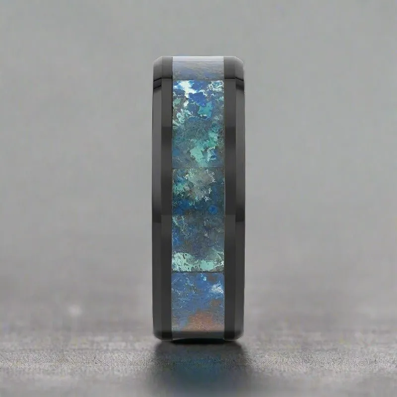 CELADON | Black Ceramic Ring, Chrysocolla Inlay, Beveled