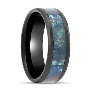 CELADON | Black Ceramic Ring, Chrysocolla Inlay, Beveled